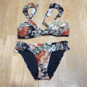 Chelsea Violet Women's Bikini 2 Piece Set Black Floral Velour Ruffle Sz XS